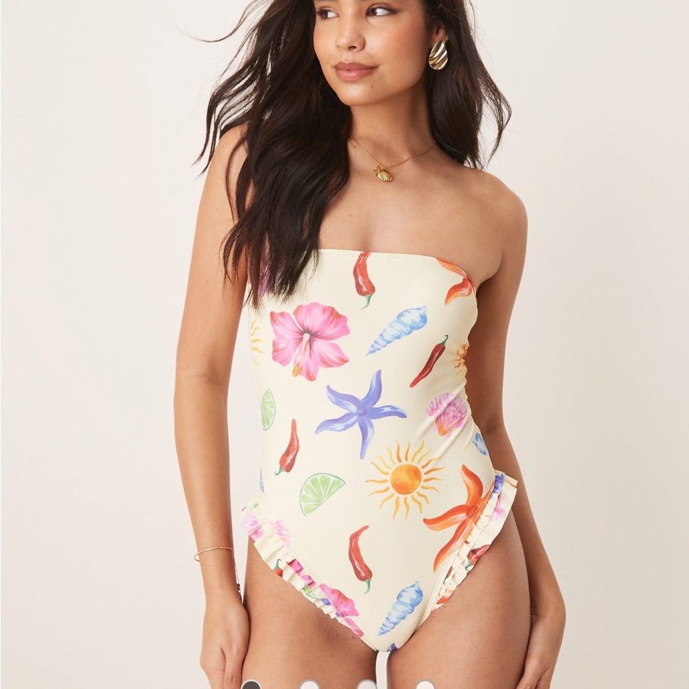 ASOS DESIGN May frill edge bandeau swimsuit in shell print size 14